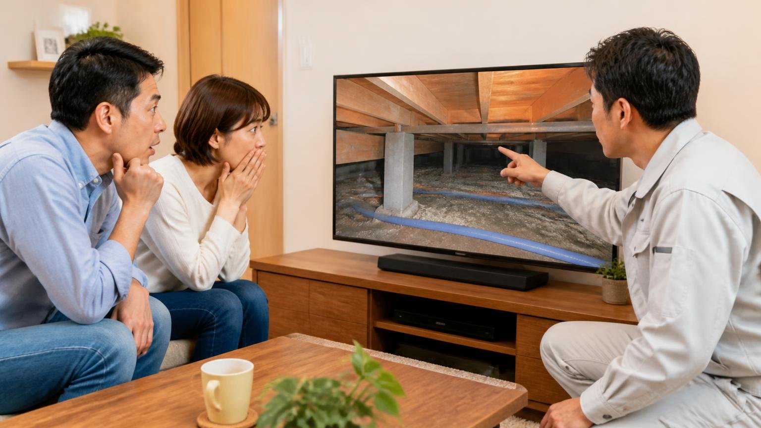 床下を写真と動画で見せてくれたという声が圧倒的に多い 木造戸建てのリビングで床下映像をテレビに映す場面 作業員と夫婦の3人 画面を指差して説明