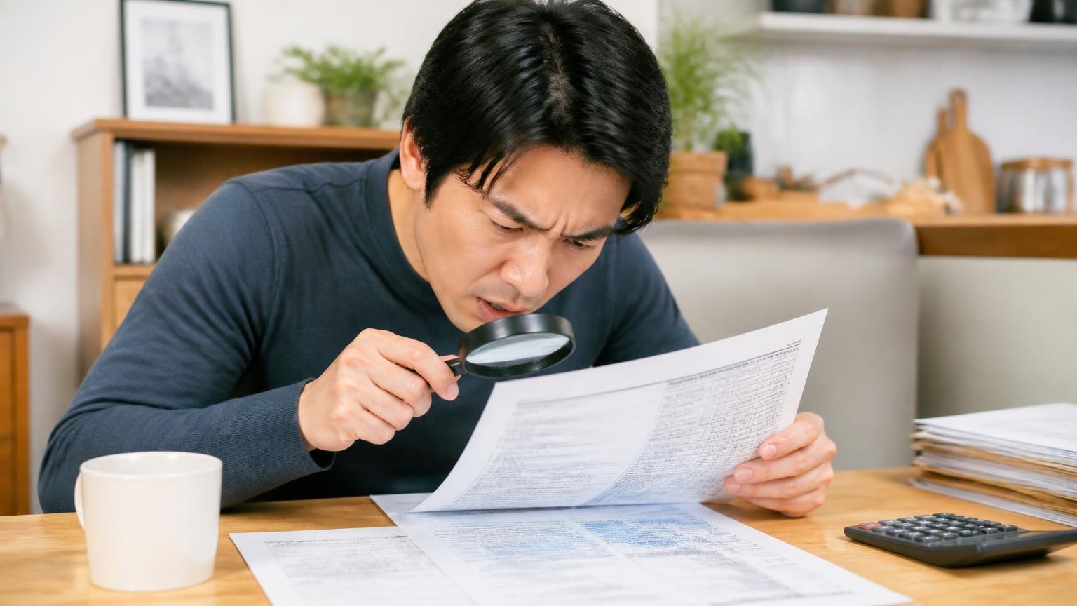 見積もりと契約が一緒で読みにくい。ダイニングで男性1人が細かい書面に顔を近づけ困惑
