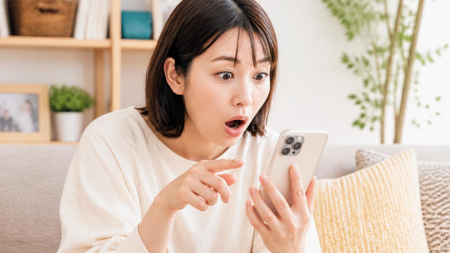 Googleマップの口コミ評価を確認する。ソファでスマホの口コミ画面をのぞき込む30代女性が驚いた表情