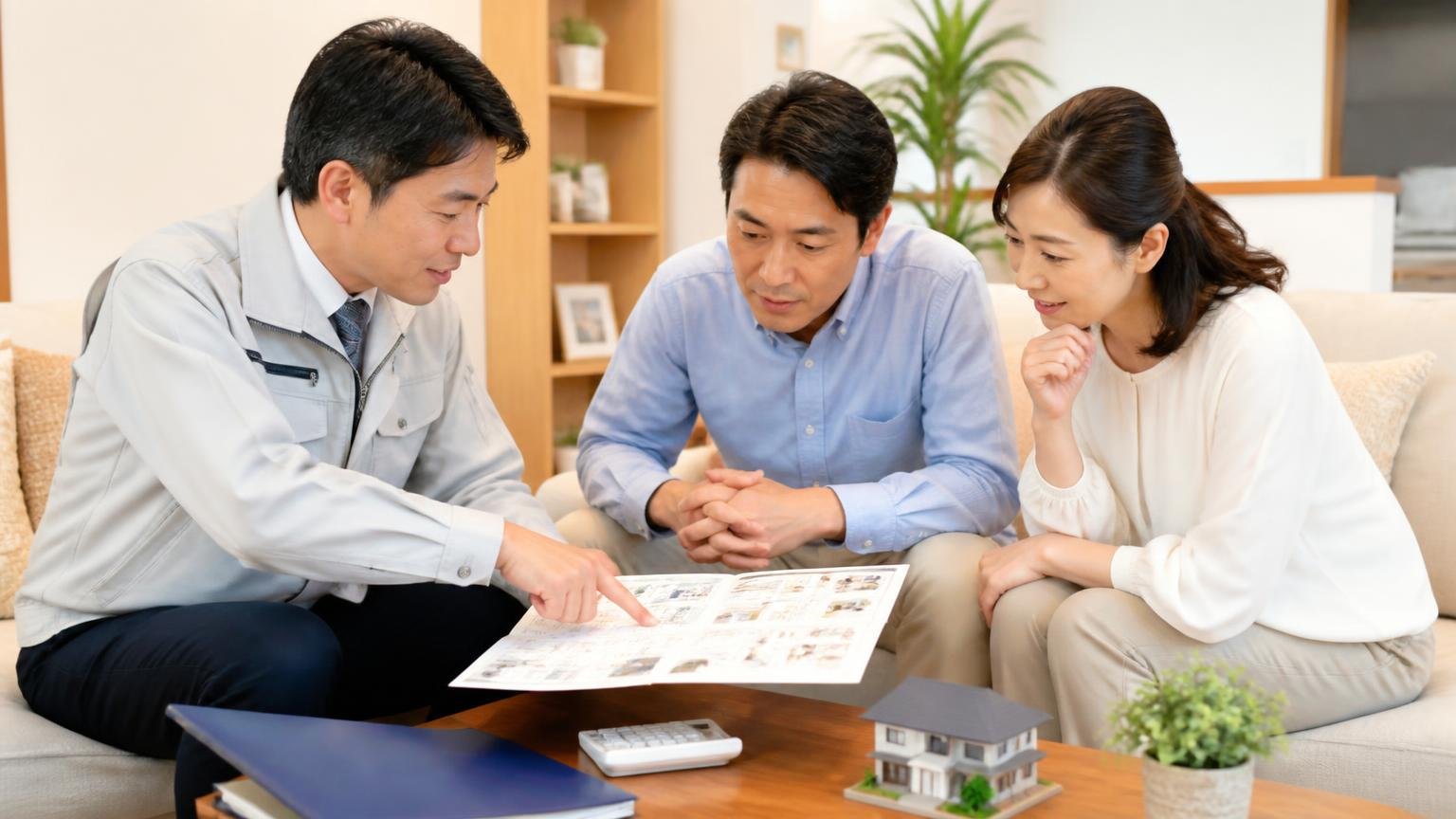 費用と作業手順を事前に説明してくれる リビングで作業員と書面を見ながら打ち合わせする夫婦 3人