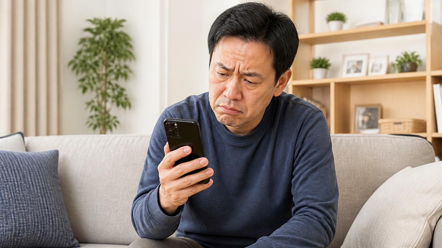 低評価レビューの中身を確認する場面。自宅リビングでスマホの画面を見て眉をひそめる40代男性1人