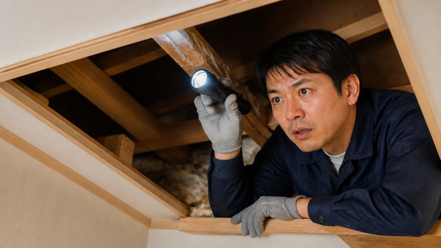 コウモリ駆除の口コミ|木造戸建ての天井裏を懐中電灯で照らし身を乗り出す男性1人
