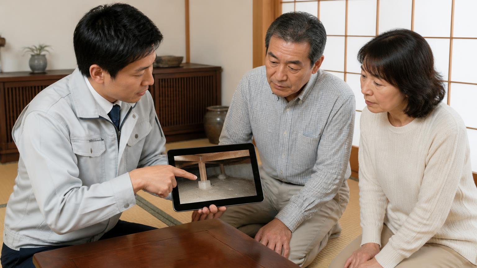 床下の調査結果を説明される場面。和室で作業員がタブレットの写真を見せながら住人夫婦に説明し、住人が頷く様子