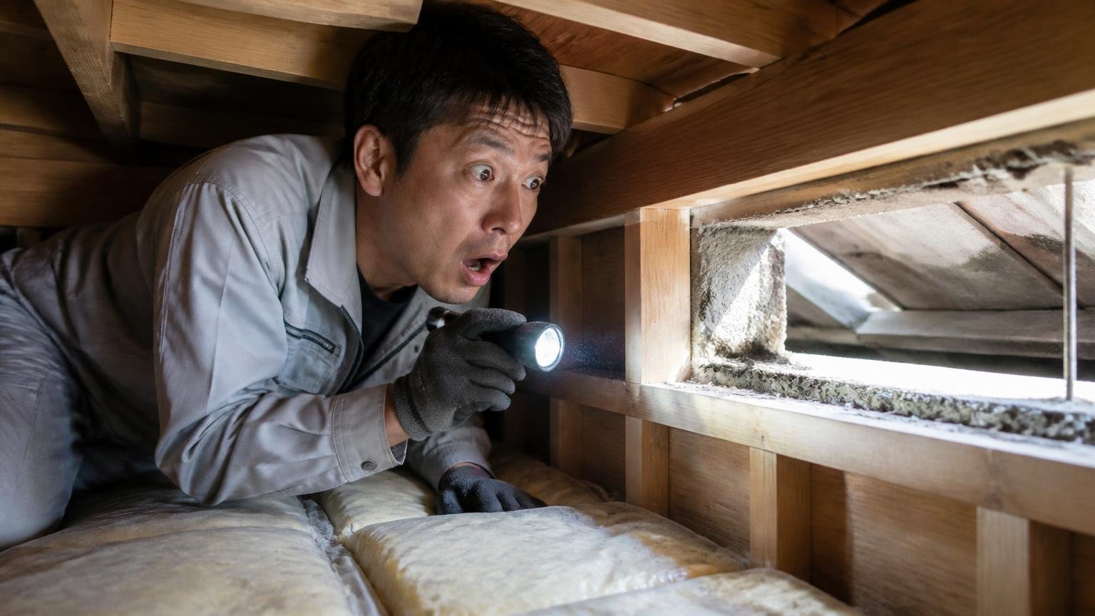 侵入経路を特定してもらう場面、木造戸建ての天井裏で作業員1人が懐中電灯で隙間を照らし驚いた表情をしている