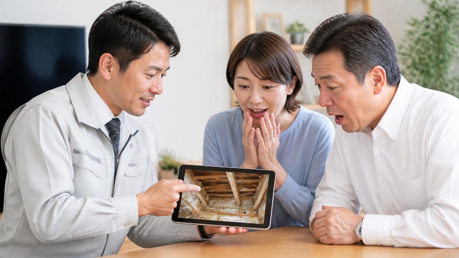 見えない場所を見せてくれたという声 リビングで作業員1人が住人2人にタブレットの天井裏写真を見せる