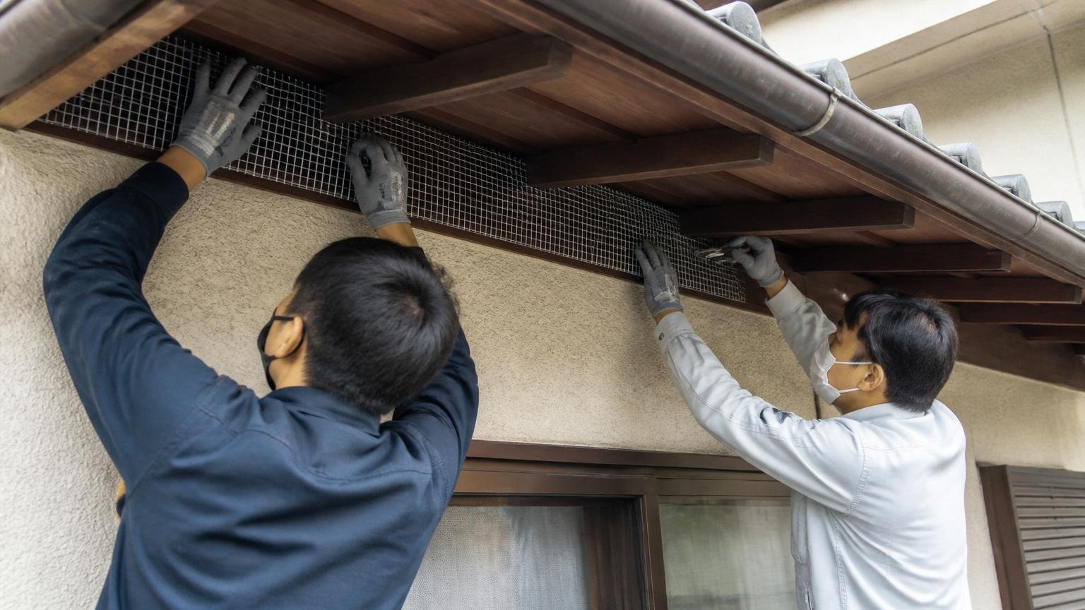 フンの消毒と侵入口の封鎖まで行う場面。木造戸建ての軒下で作業員2人が金網を当てて隙間をふさぐ作業をする