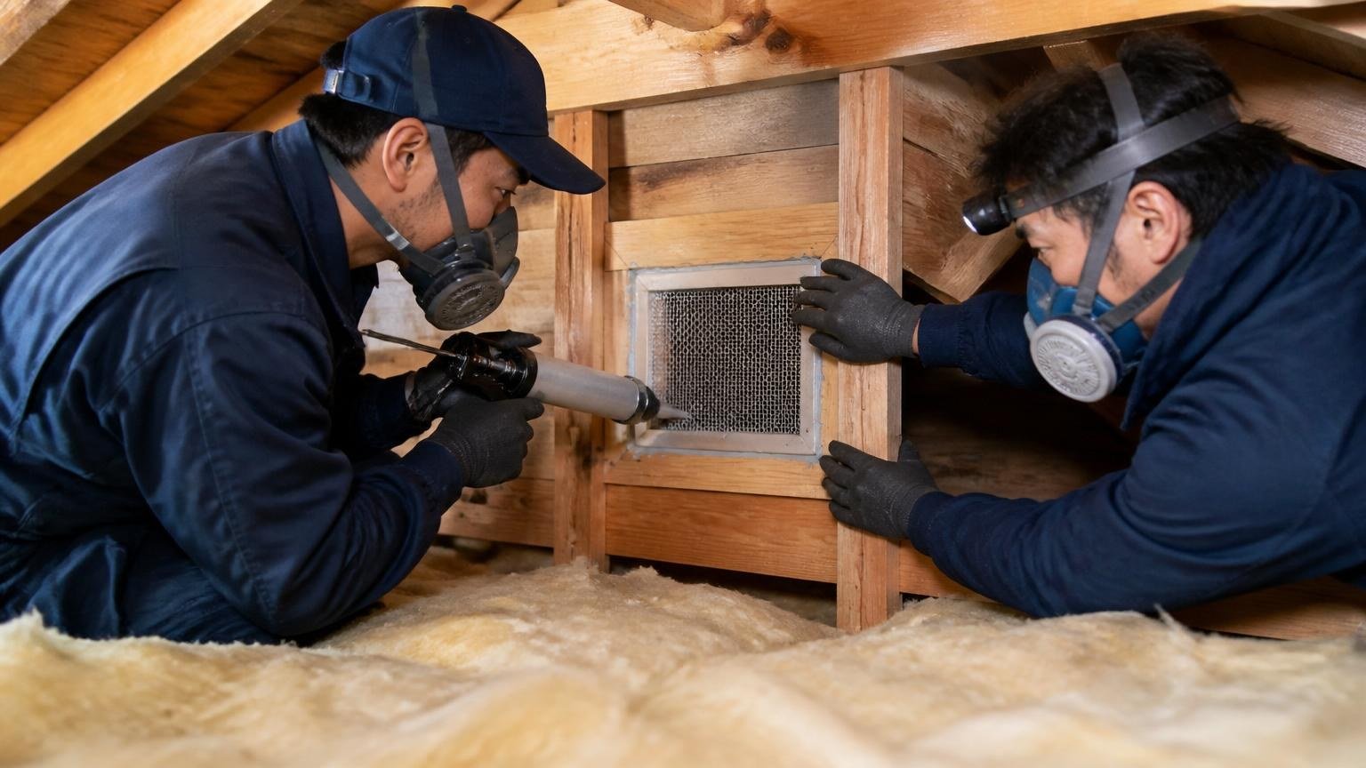 強み②「駆除して終わり」ではない作業範囲 木造戸建ての屋根裏で侵入口をふさぐ作業員2人 集中した表情