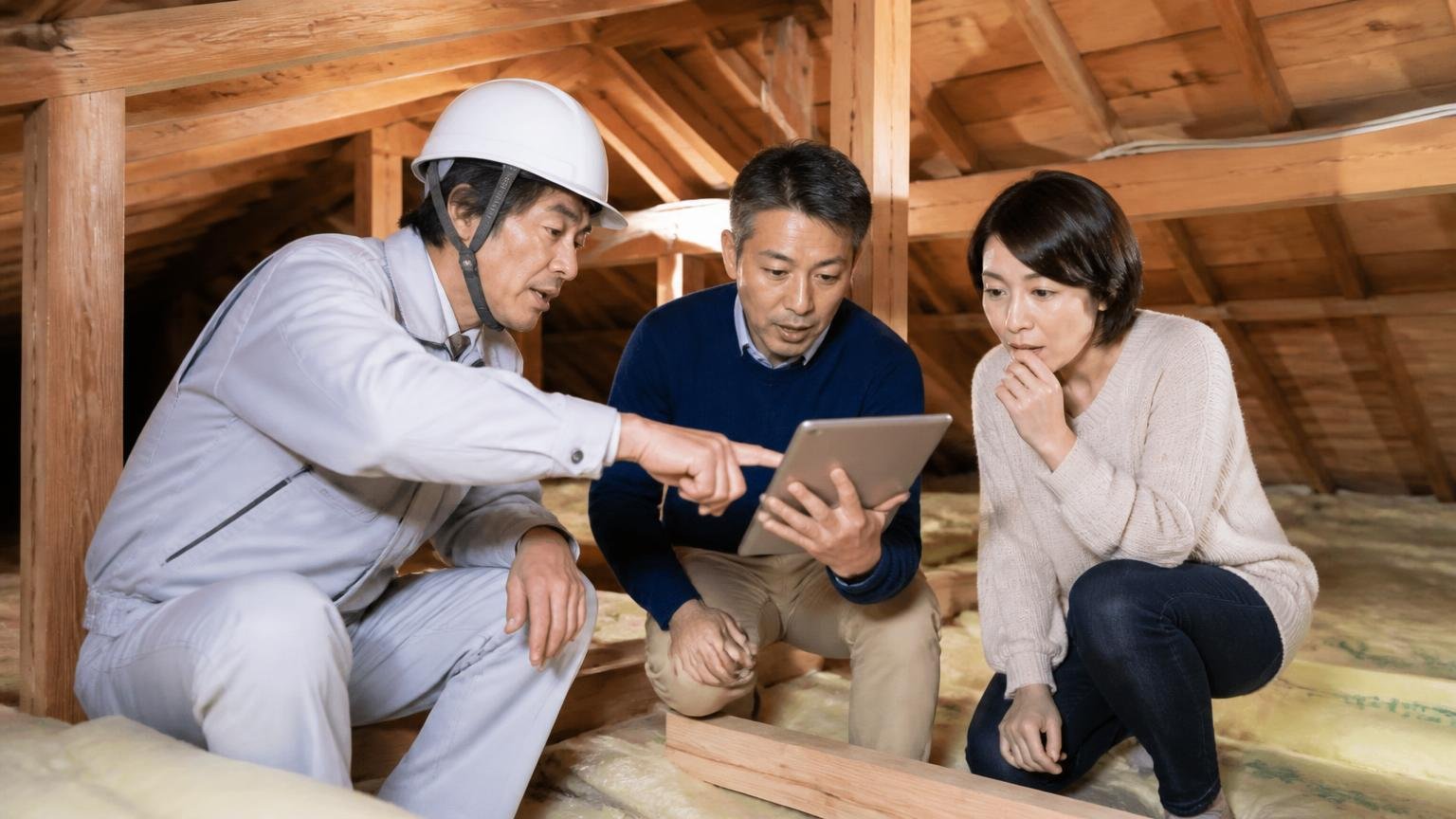 天井裏の写真で説明 木造戸建ての和室 作業員と施主2人 タブレットを指さす