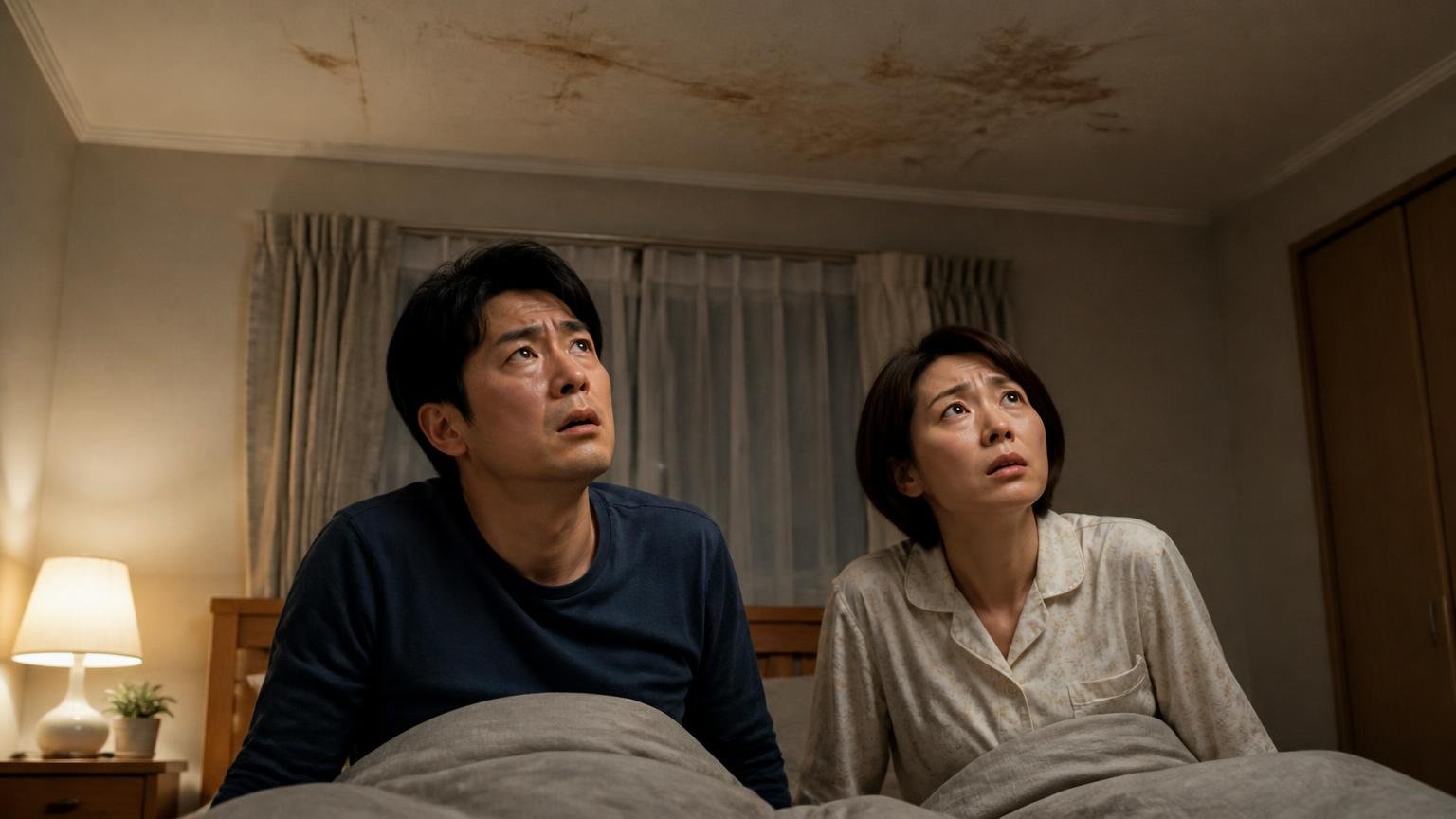 順番待ちの間も天井裏の物音に悩む場面。夜の寝室で天井を見上げる夫婦2人が困った表情