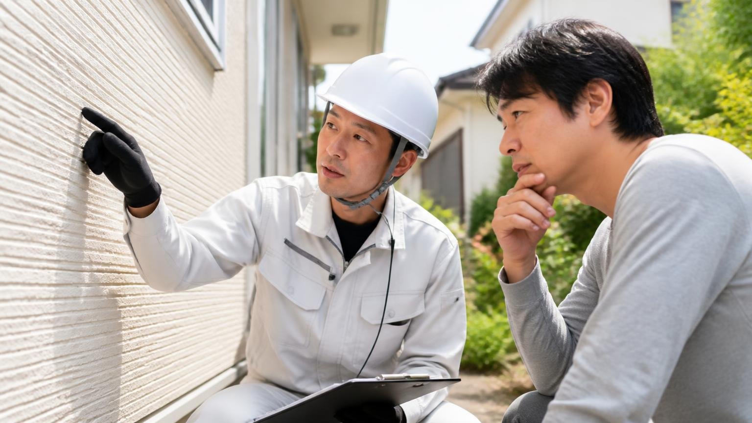 相見積もり3社のうえで選ばれたという声が意味すること。家の外壁まわりで点検する作業員1人と住人1人が真剣な表情