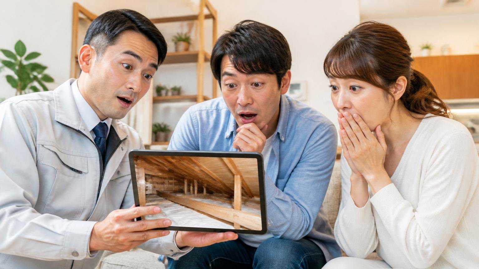 屋根裏の写真を見せてもらう場面。住宅のリビングでタブレットの天井裏写真を一緒にのぞき込む作業員と夫婦2人が驚く