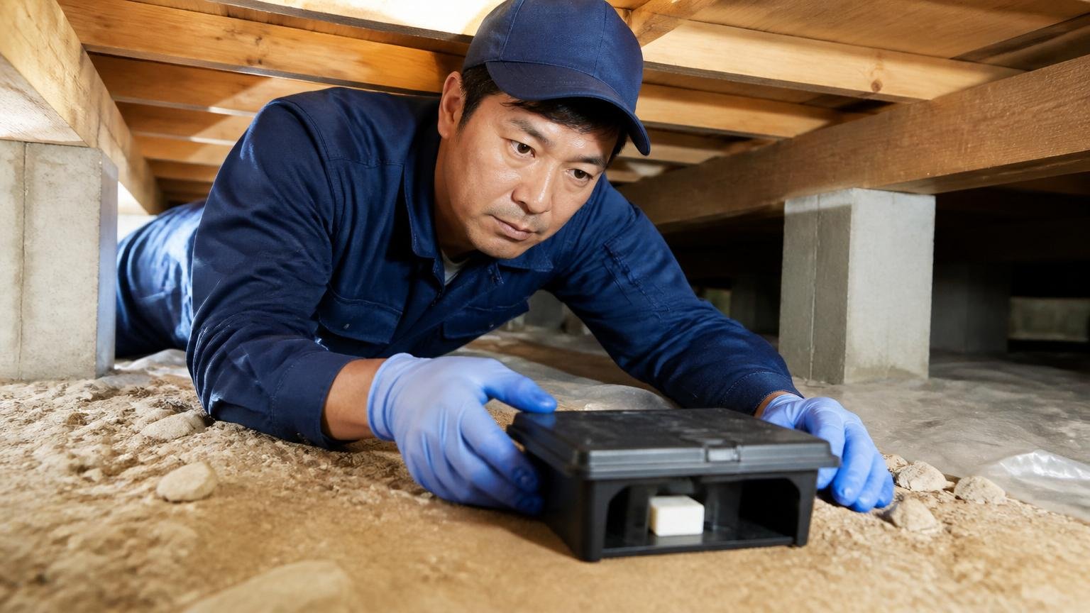 防除作業監督者の登録免許番号の意味。住宅の床下で作業員が調査用トラップを構える