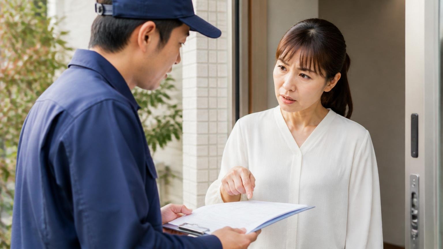 書面の見積書を求める場面。玄関先で作業員に書類を確認する40代女性が真剣な表情で質問する