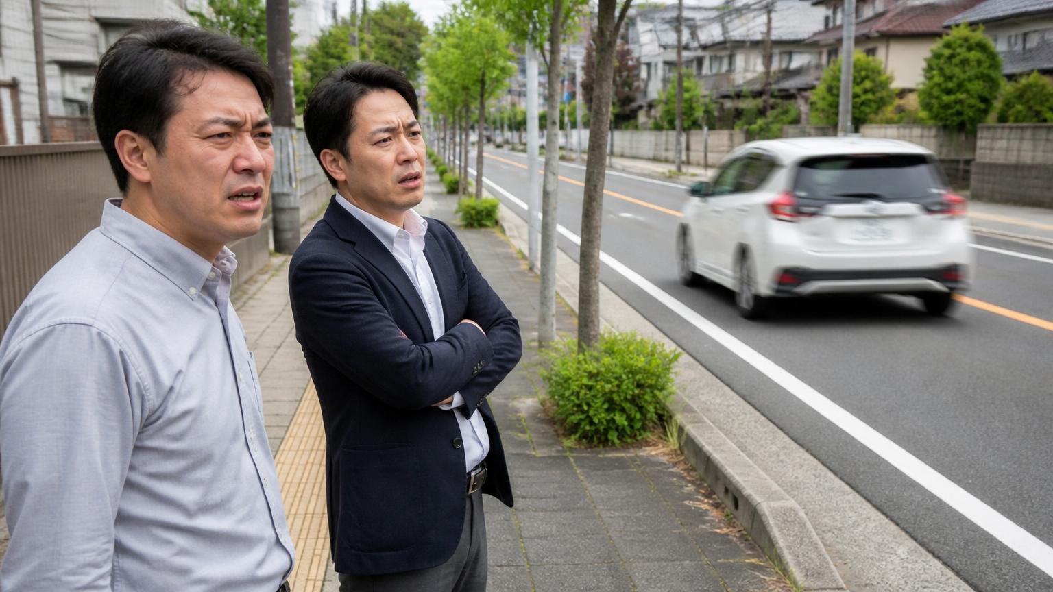 残る2件も社用車の運転についての指摘だった|住宅地を通る幹線道路の歩道|男性2人|走り去る車を険しい表情で見送る