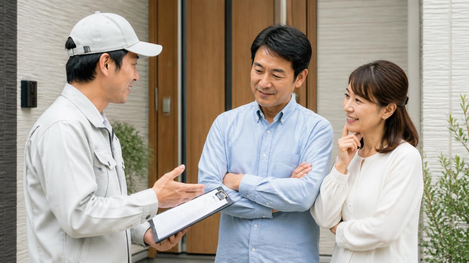 点検料の説明を受ける。戸建て玄関先で作業員と住人2人が納得の表情