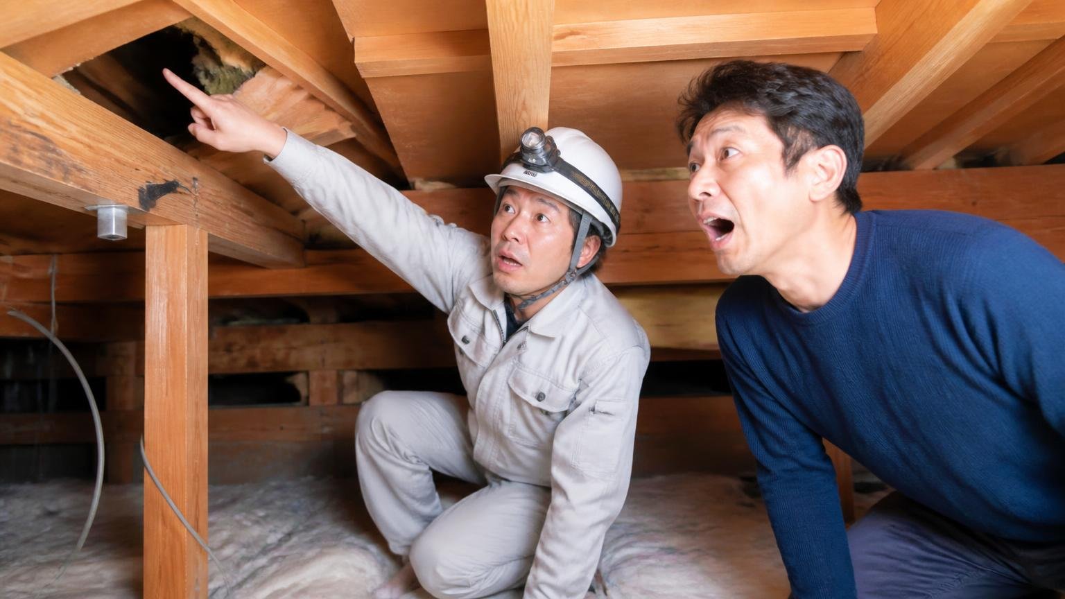 侵入経路を発見してくれたという声 木造戸建ての天井裏で作業員1名が隙間を指さし驚く家主の男性