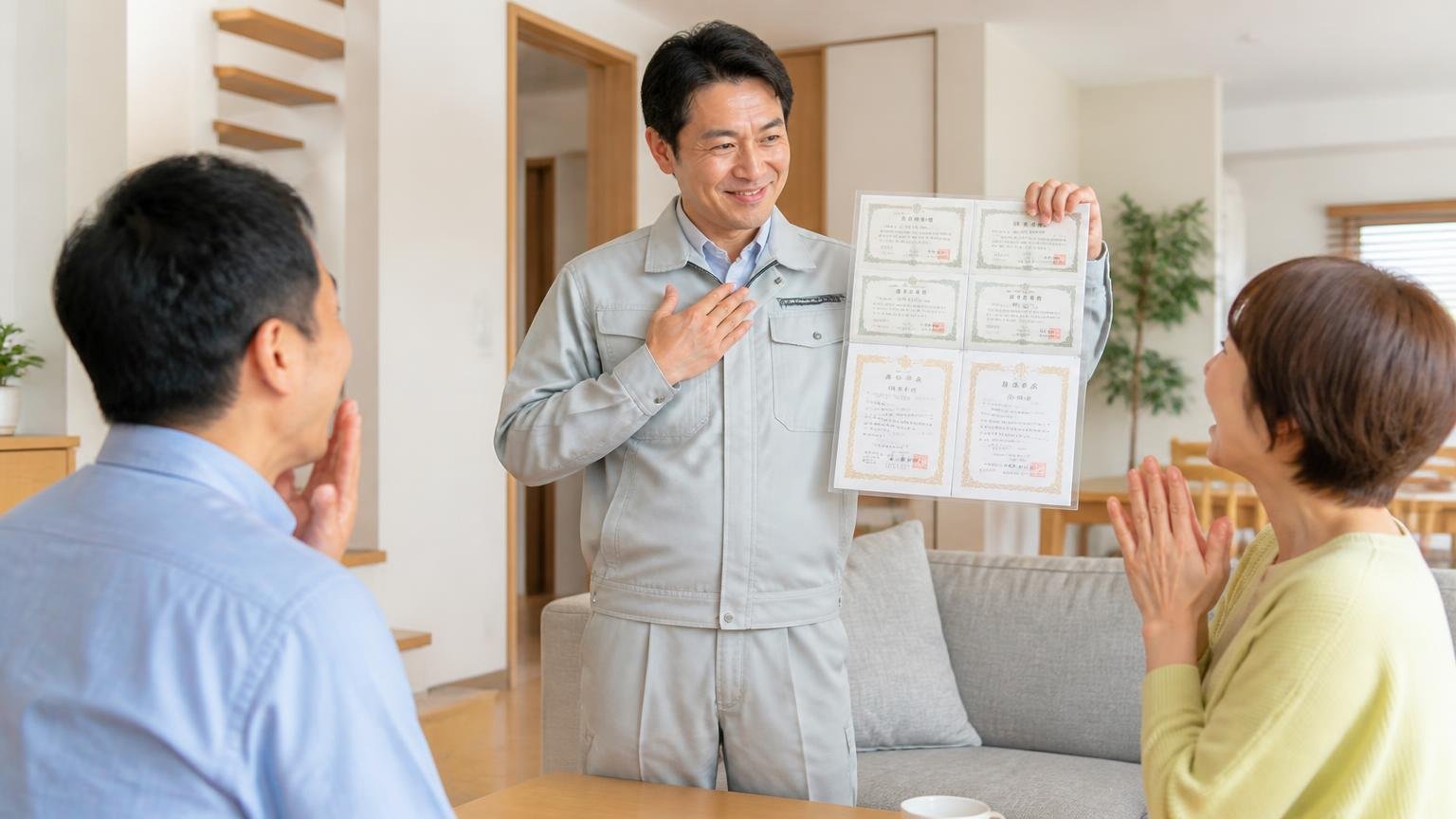 業界4団体の正会員と2つの許可証 木造戸建てのリビングで作業員1人が住人2人に登録証の写しを見せ胸を張る