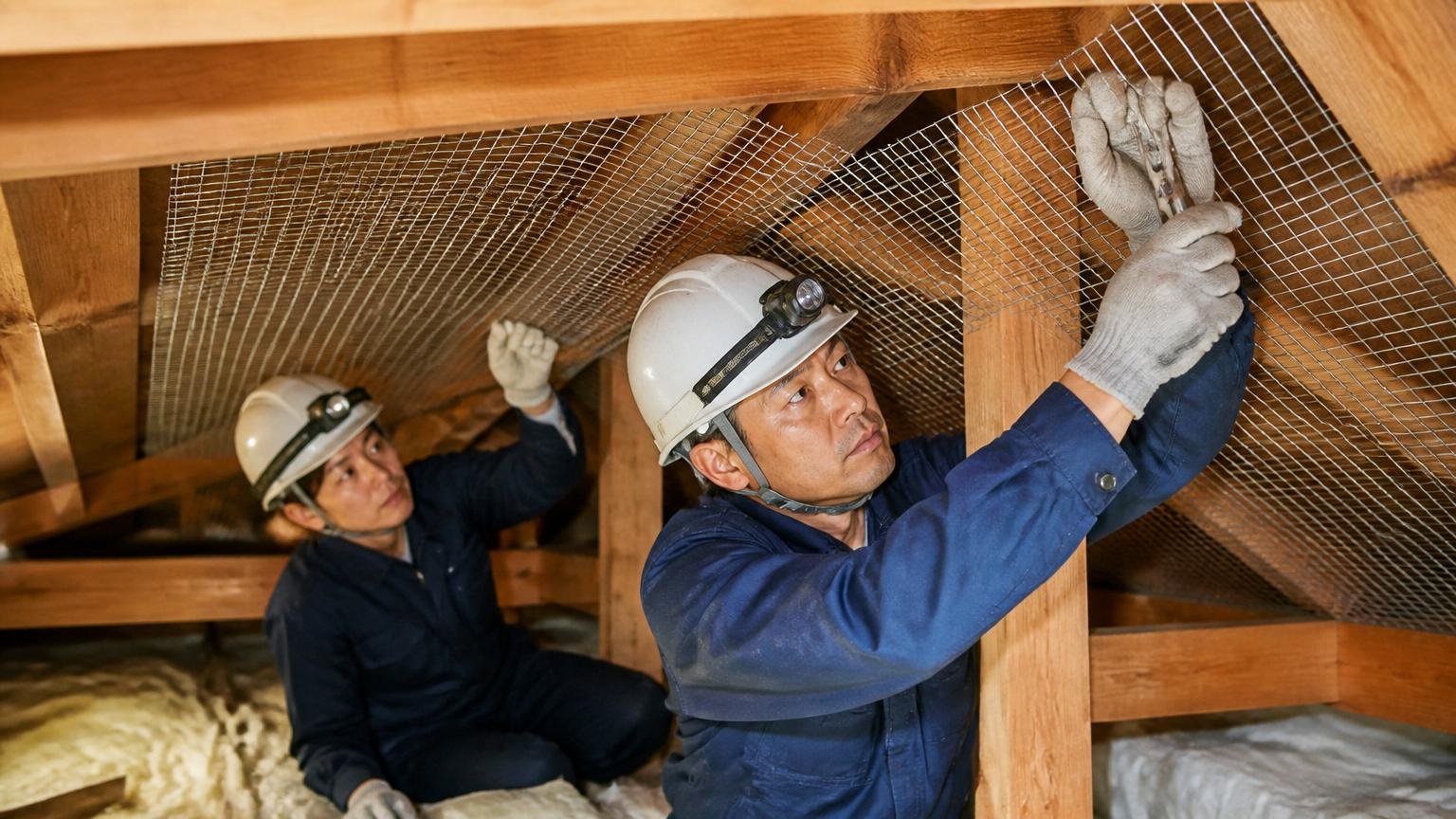 清掃消毒と侵入口封鎖までの施工。木造戸建ての天井裏で作業員2人が金網を当てて封鎖する