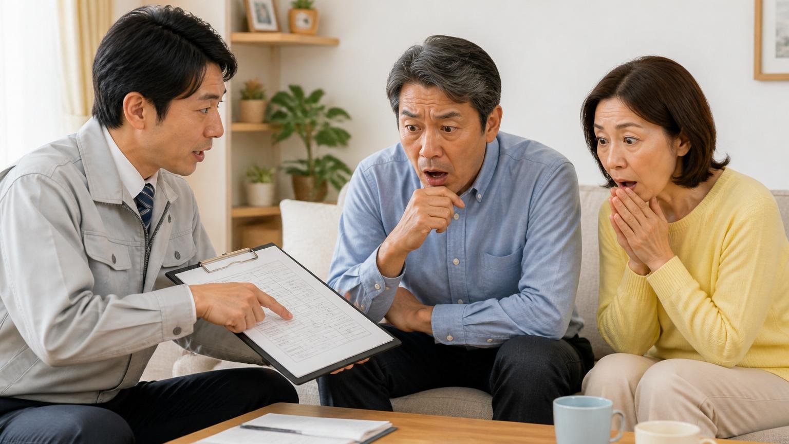 保証と保険の違い。リビングで見積書を指さして保証内容を説明する作業員と、驚いた表情で聞く50代夫婦
