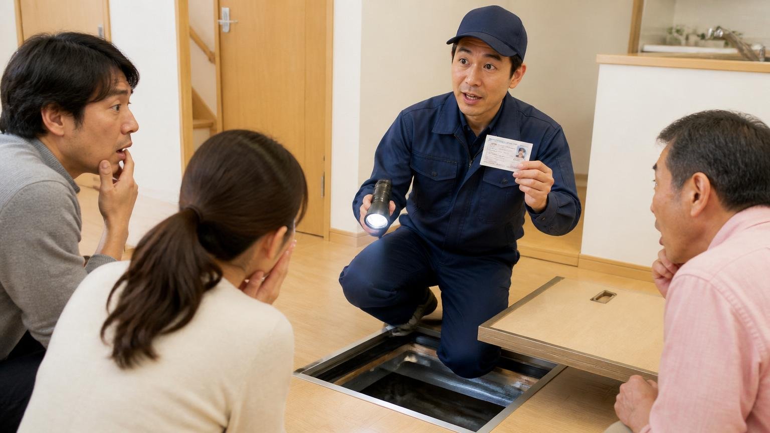 保有資格13項目の意味。住宅の床下点検口の前で作業員が資格証を手にライトを構え説明する