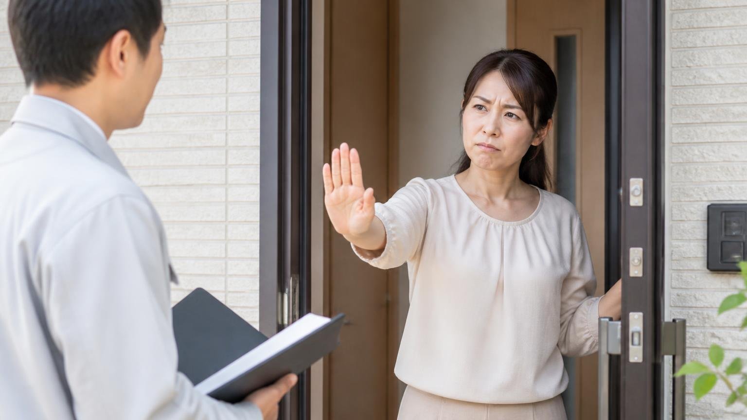 訪問販売をしないと明記する意味。住宅の玄関先で住人女性1人が訪問者に手のひらを向けて断る