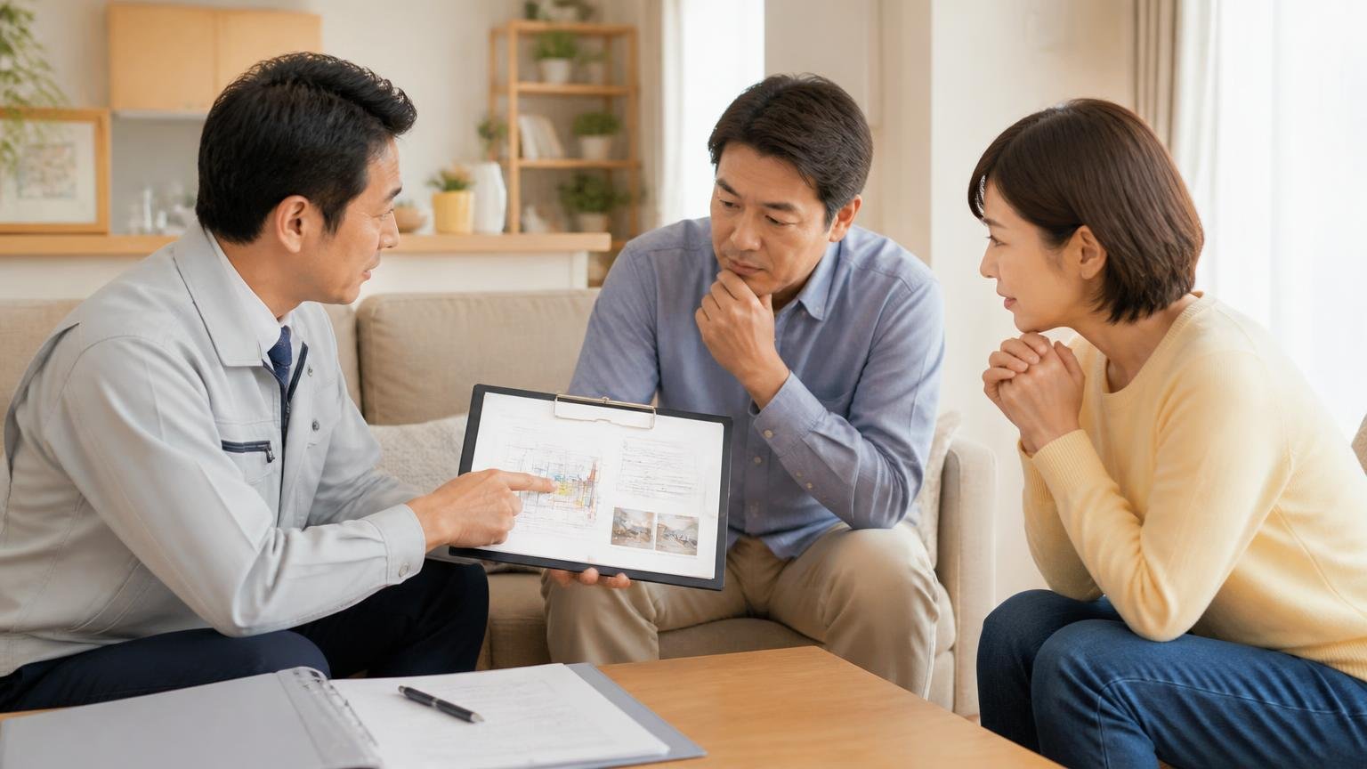 評価②説明が丁寧で発生した原因まで教えてくれた リビングで作業員1人が住人2人に図を見せて説明する