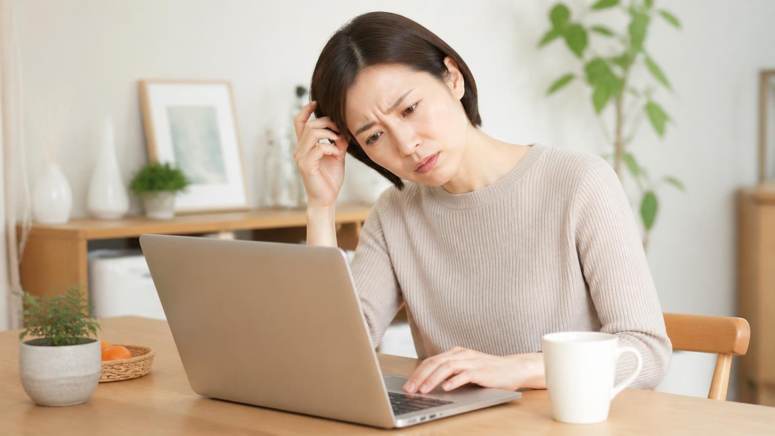 口コミの件数が少なく投稿時期も古い/自宅のダイニングでノートパソコンを見る/30代女性1人/画面をスクロールして首をひねる