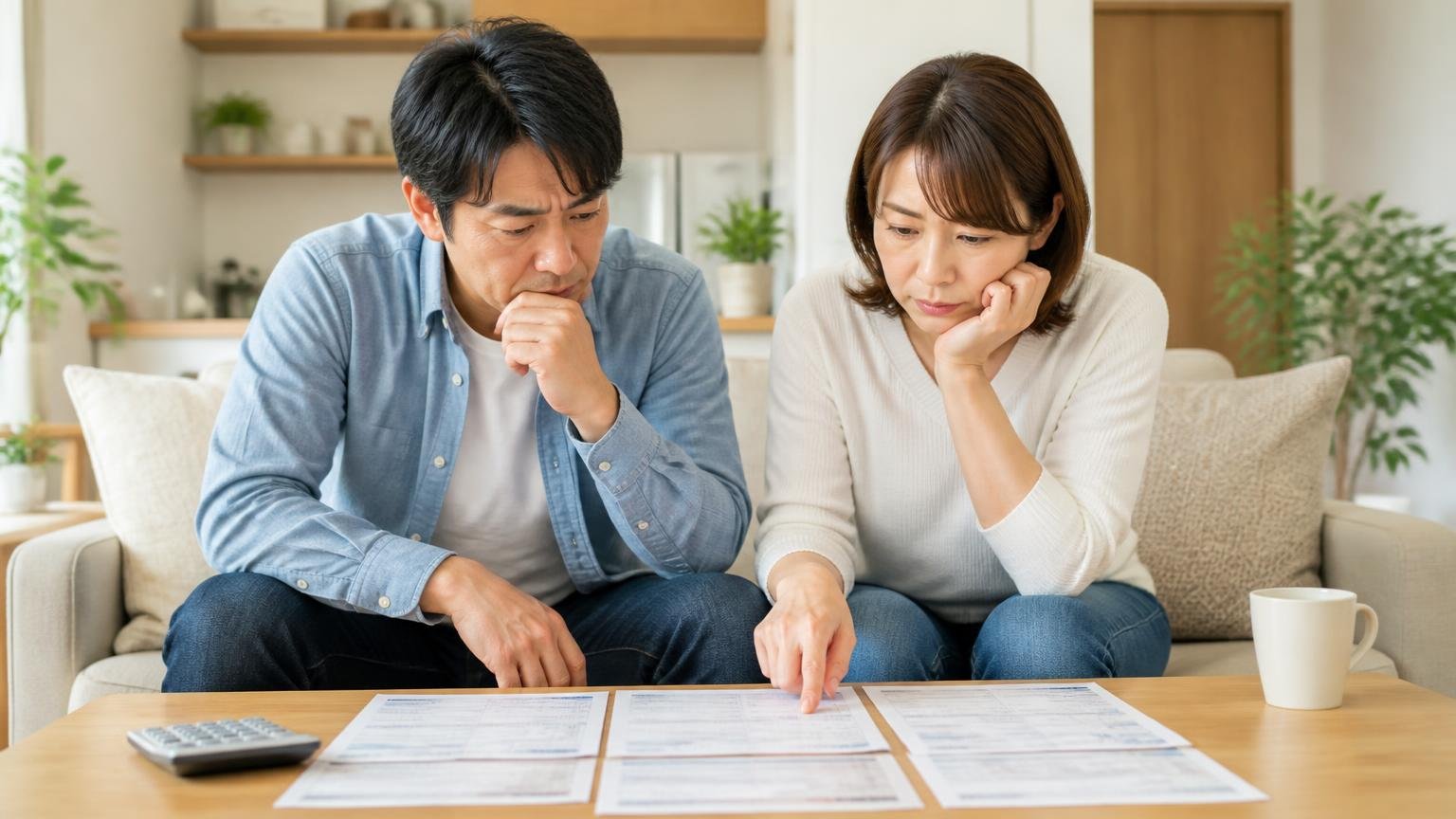 高額請求の口コミは見つからなかった。リビングで複数の見積書を並べて確認する40代夫婦