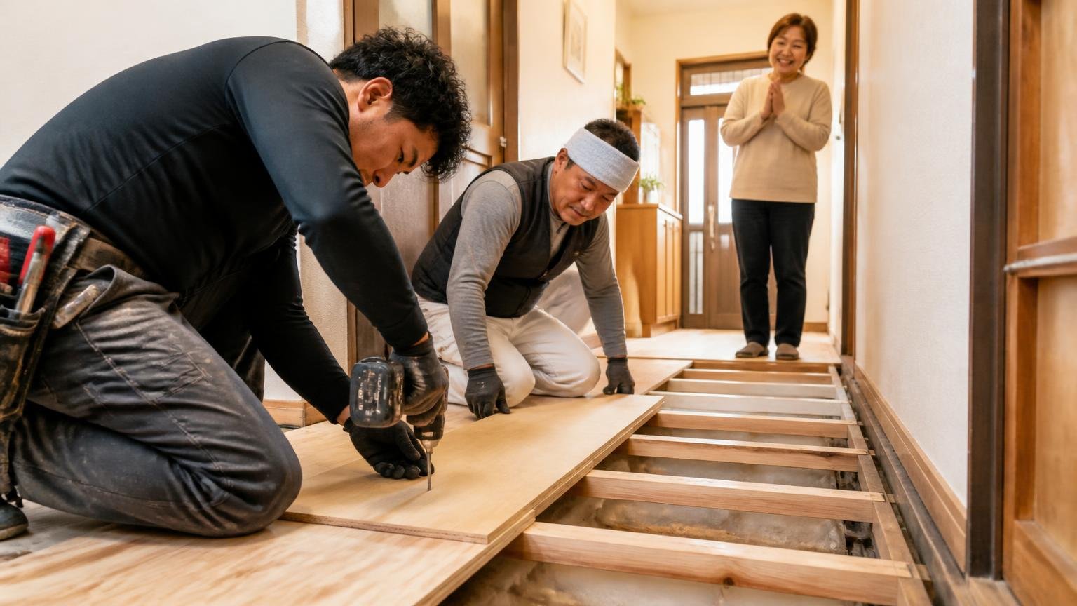 駆除のついでに廊下の補強までしてくれた 住宅の廊下で作業員2人が床板を補強し施主が笑顔で見守る