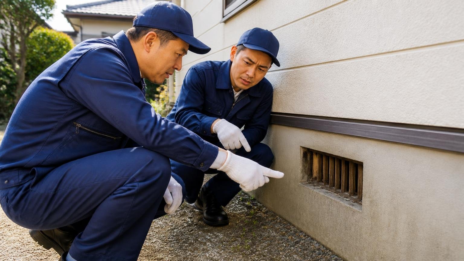 侵入経路をふさぐ作業まで実施してもらう。木造戸建ての外壁まわりで作業員2人が通気口の隙間を指さして点検する