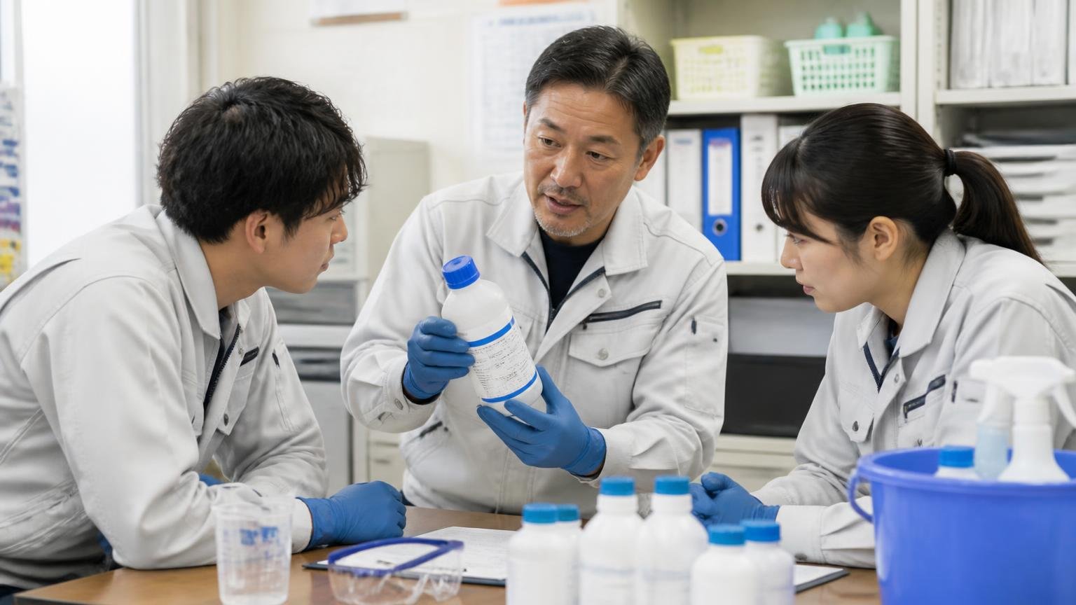 社員の口コミから見えること。作業前の事務所で先輩作業員が若手2人に薬剤の扱いを指導する場面
