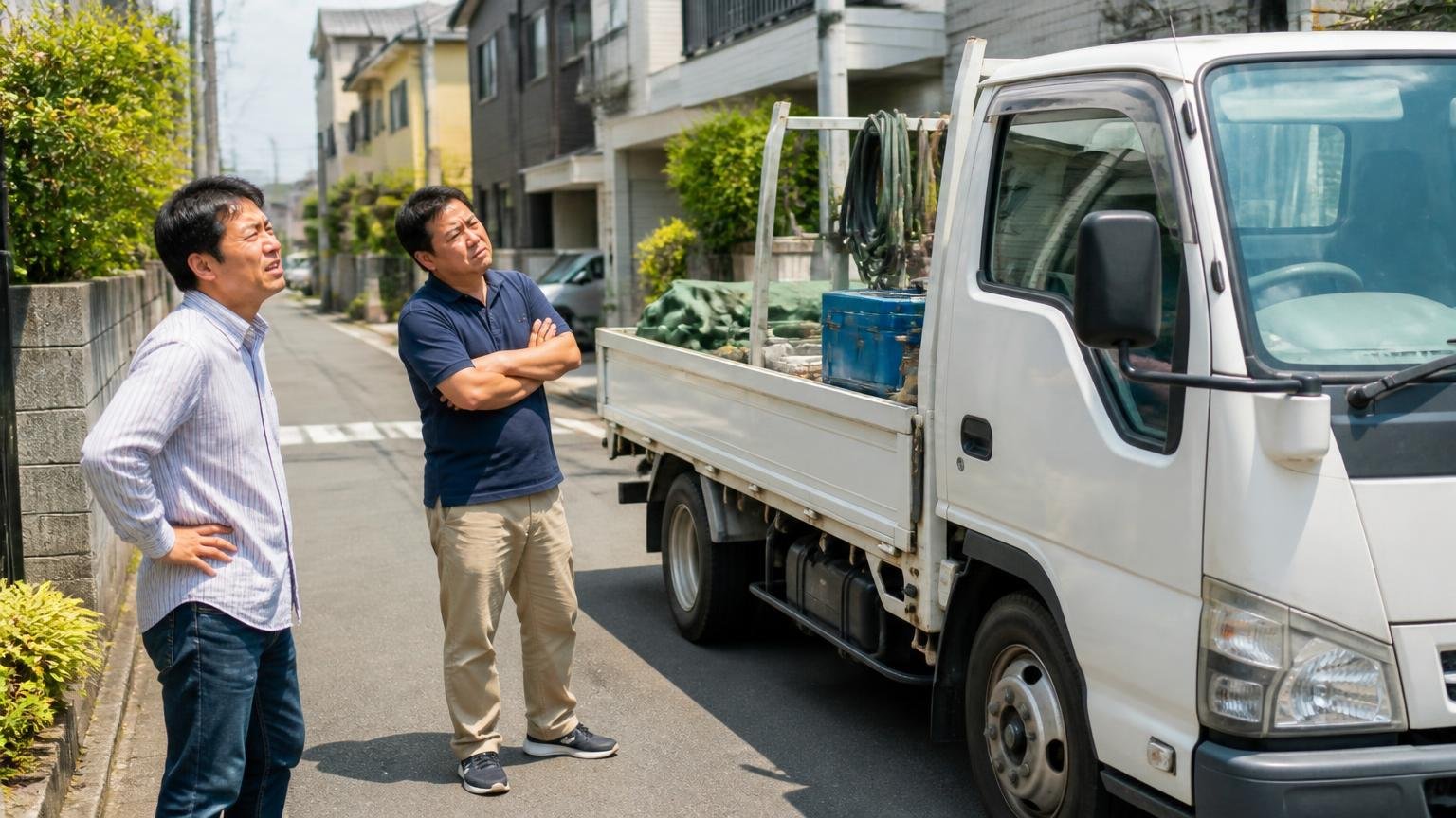 駐車場枠じゃない所に駐車|住宅街の路上に停まった作業車を見上げて顔をしかめる通行人2人