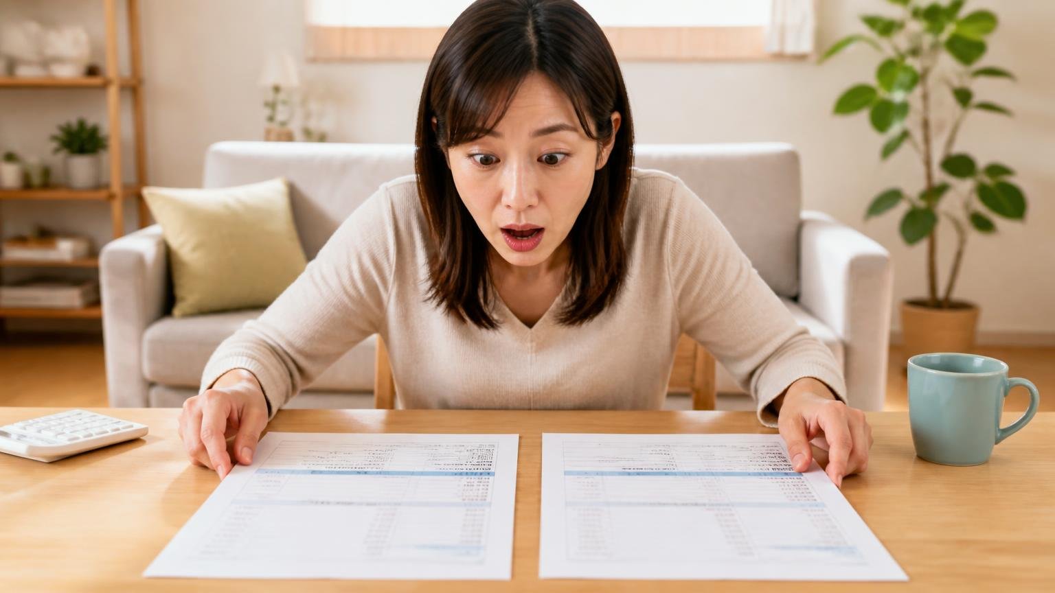 見積もりどおりでも★2だった理由。リビングのテーブルで女性1人が2枚の見積書を並べて驚いた表情