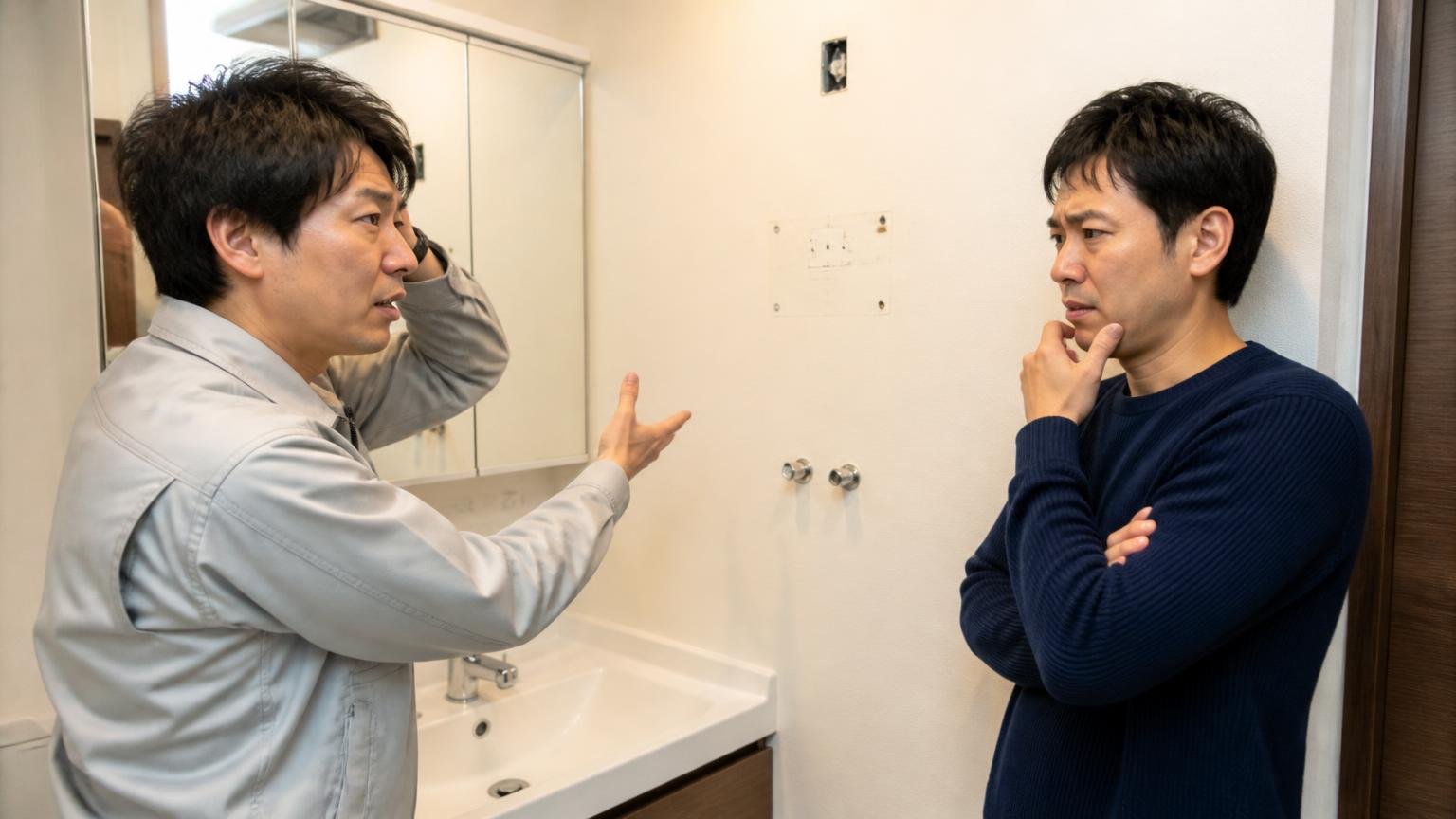 作業前のすり合わせ不足。住宅の洗面所で作業員1人と住人1人が取付位置を巡って困った顔で相談する