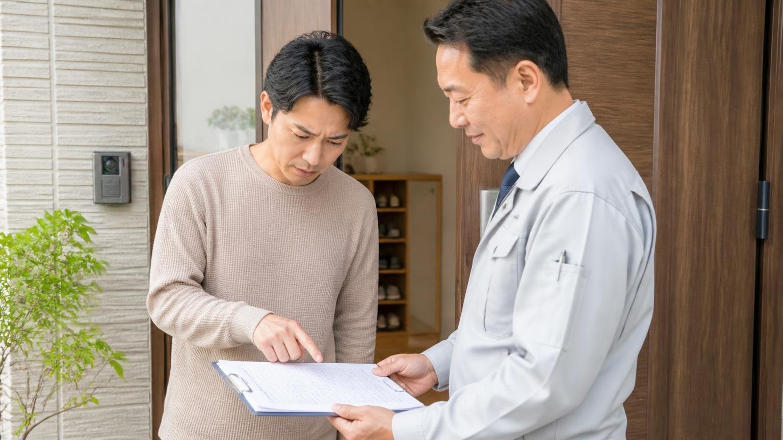 事前調査があったから当日の追加請求がなかったという声 住宅の玄関で見積書を確認する場面 住人と作業員の2人 書類を指でなぞって確認