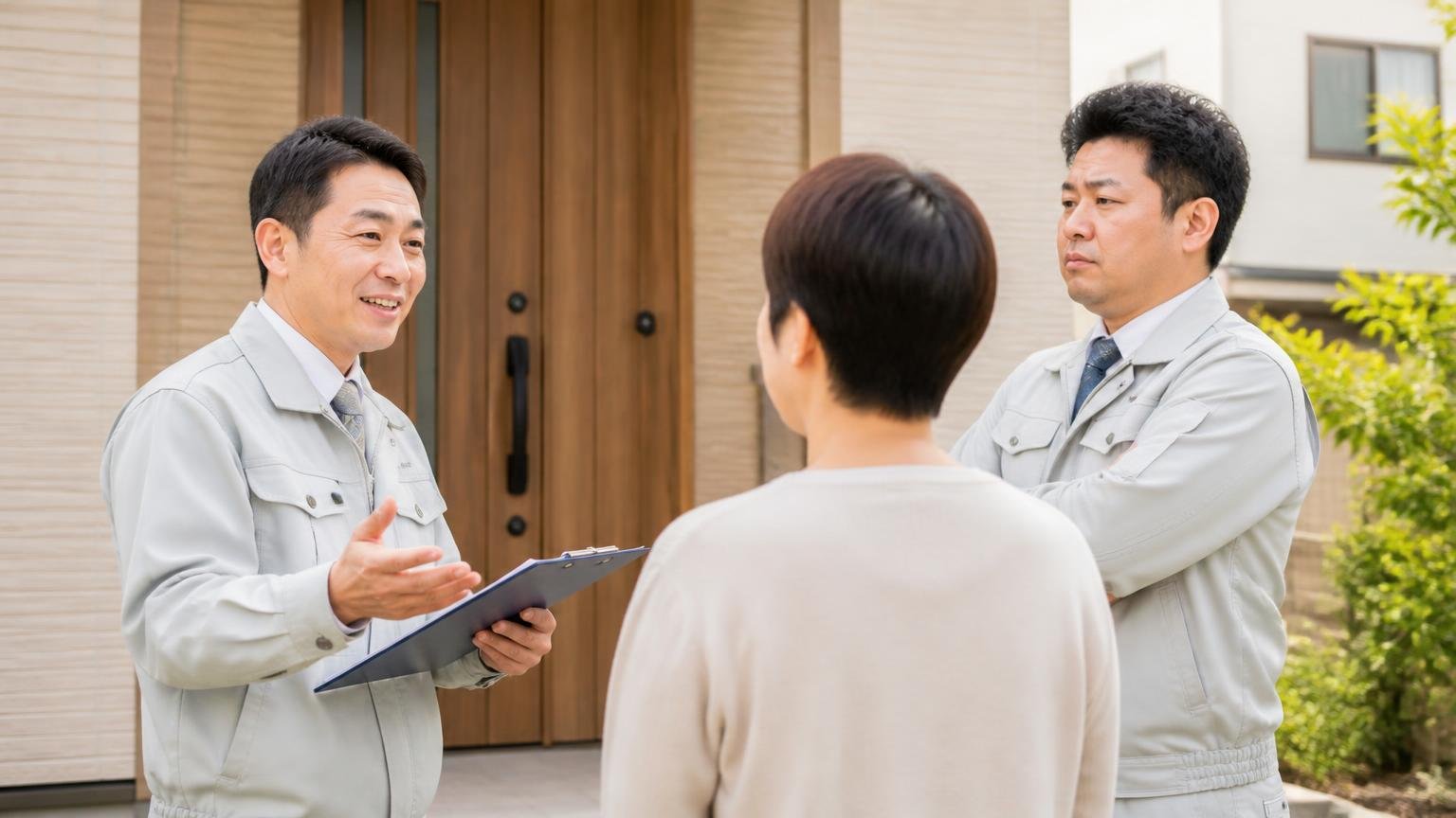 担当者によって対応に差がある。木造戸建ての玄関前で作業員2人と住人1人が向き合い、片方だけが笑顔で丁寧に説明する