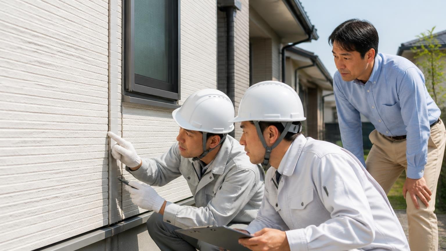 作業員が住宅の外壁まわりの隙間を確認する。家の外で点検する作業員2人と見守る40代男性