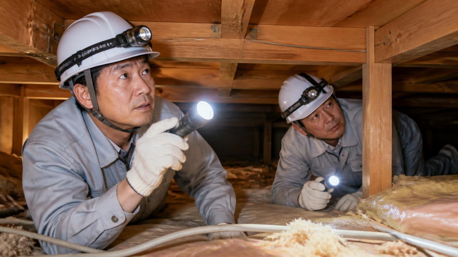 素人には見つけられない被害を調査で特定してくれる 木造戸建ての天井裏を懐中電灯で照らして確認する作業員 2人