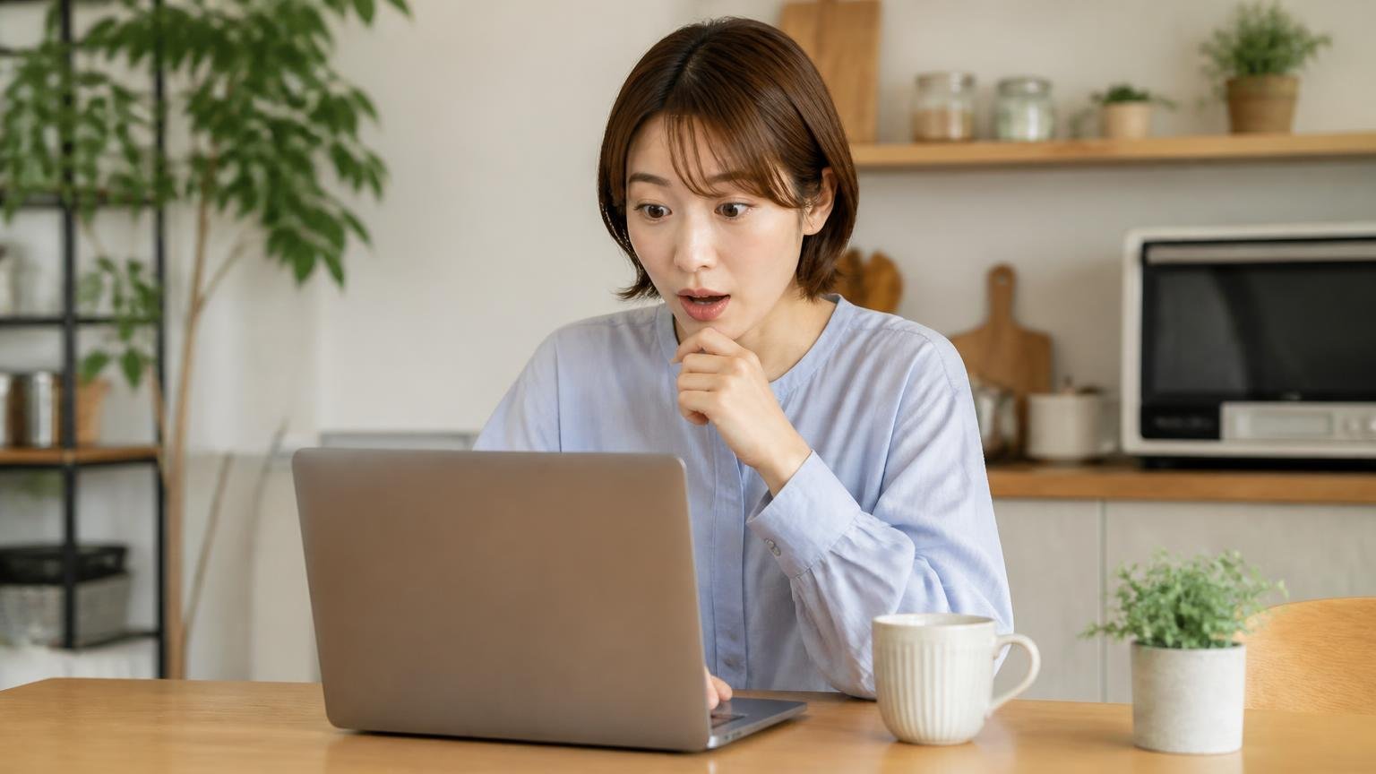 悪い口コミの中身を読み比べる場面。ダイニングでノートパソコンを開いた30代女性1人が意外そうな表情