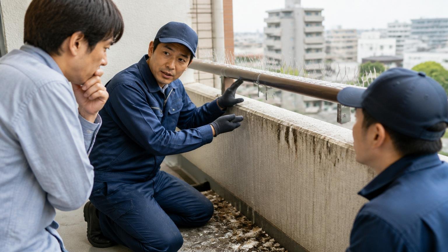 ハト駆除の口コミ|ベランダのフンを前に手すりの対策器具を確認する住人と作業員2人