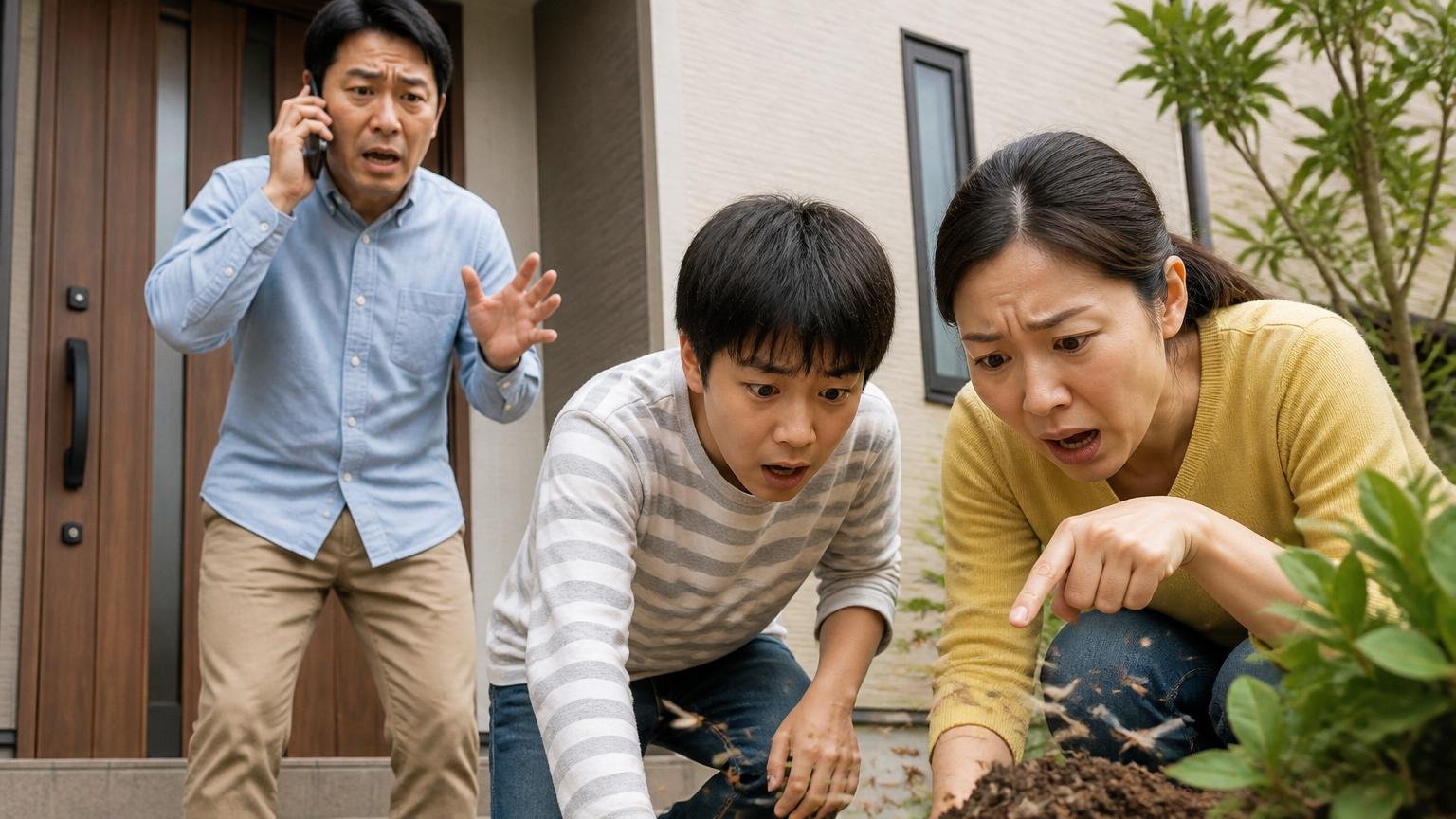 繁忙期に急ぎの相談をする場面。住宅の玄関で電話をかける住人と、庭先で羽アリを確認する家族2人の焦った表情