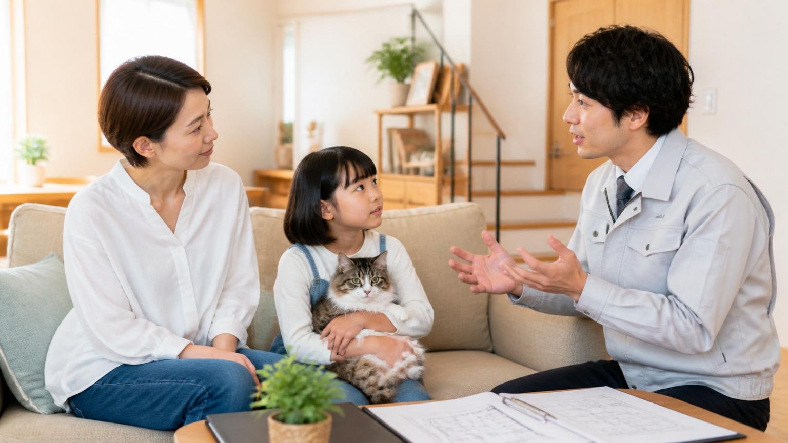 子どもとペットへの配慮を確認する場面、戸建てのリビングで母親と子ども1人が猫を抱えて作業員の説明を聞いている