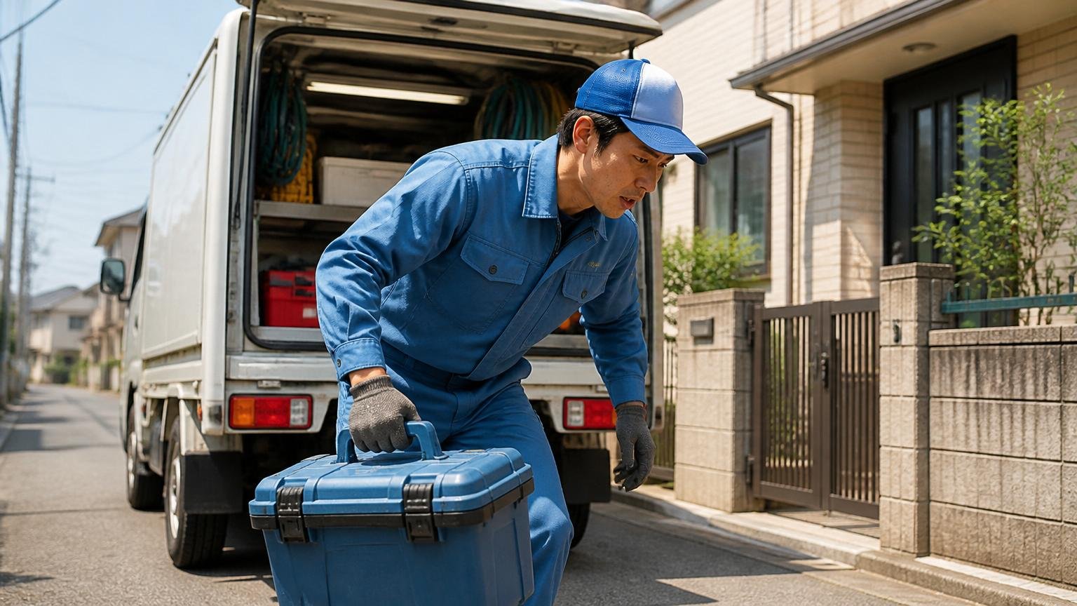 対応が早かったという声とその注意点 住宅前の道路に到着した作業車 作業員1人が急いで機材を降ろす
