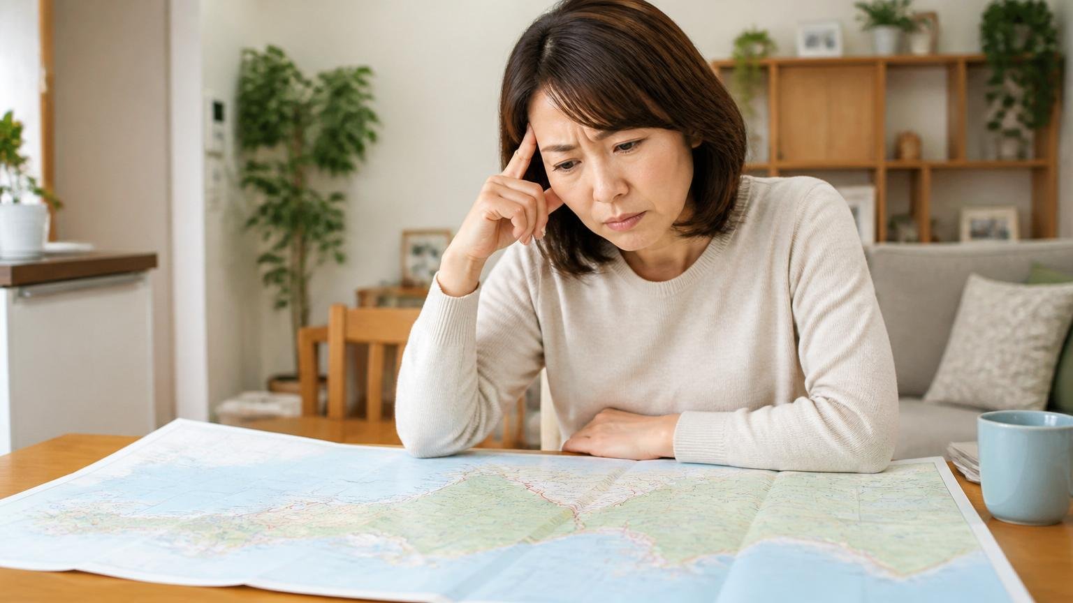 見積もり無料は大分と広島の人だけ 自宅のダイニングで地図を広げて対応エリアを確認する40代女性が眉をひそめる