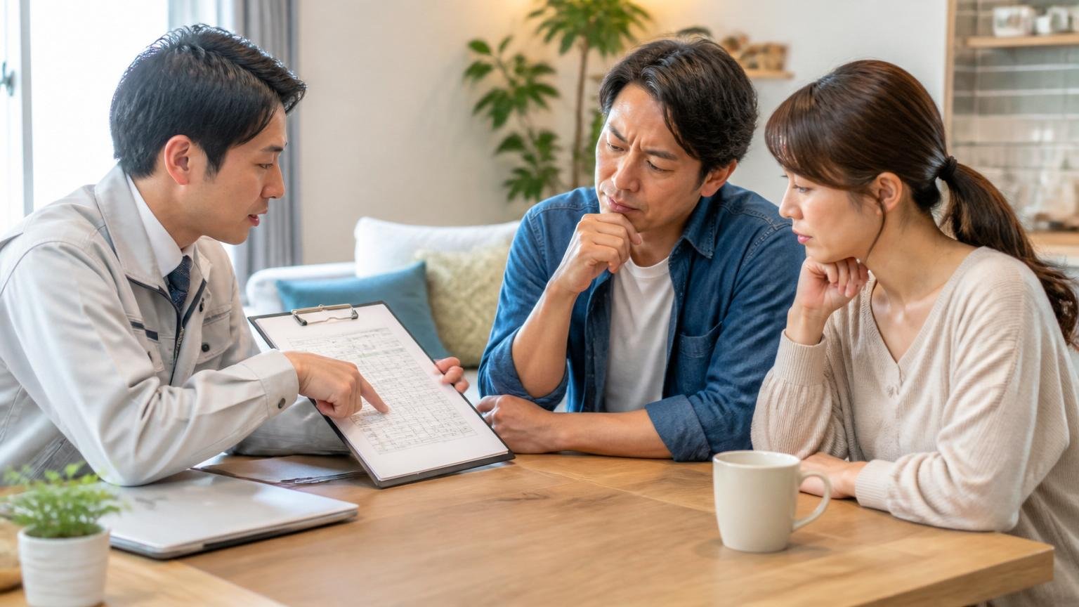 平米単価と5年保証への評価。リビングで作業員1人が住人夫婦に見積書を指さして説明する
