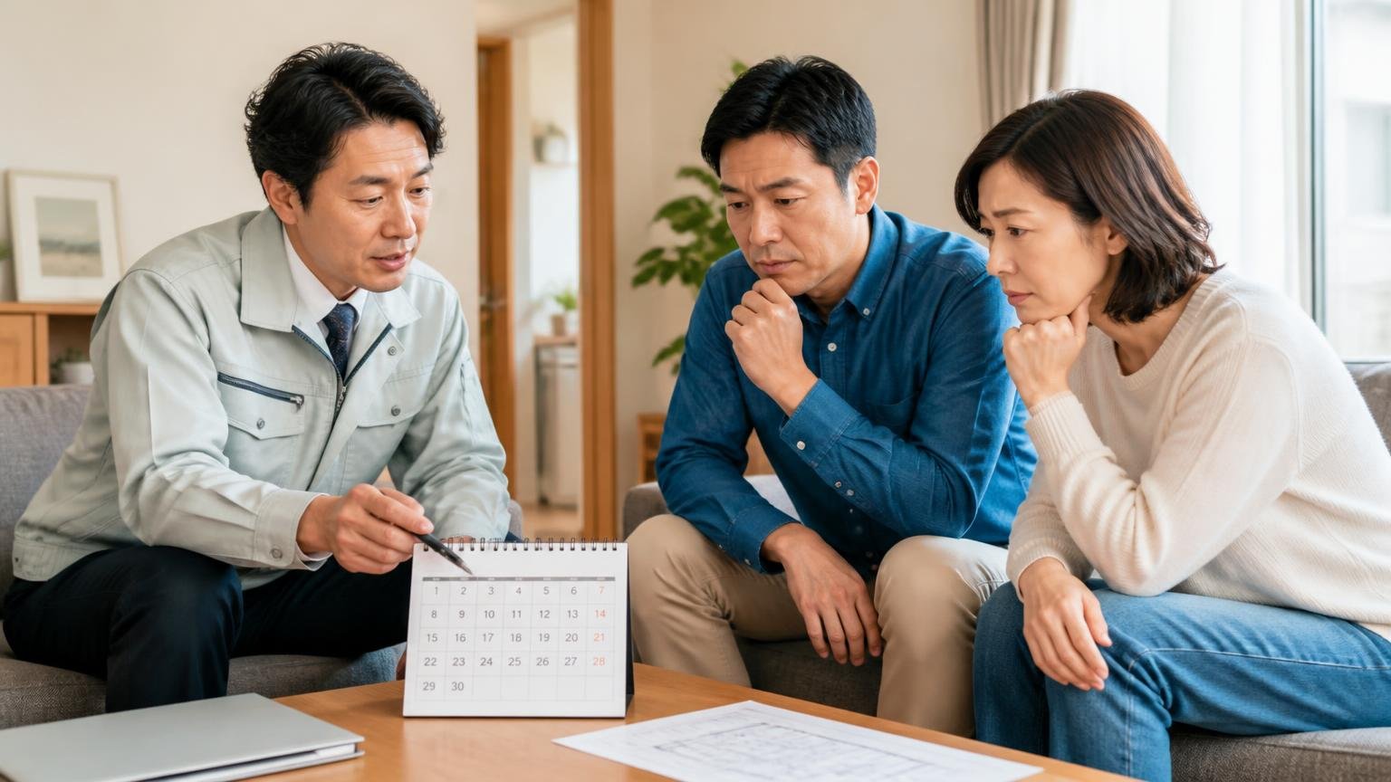 施工完了まで2〜3週間かかると説明を受ける場面。戸建てのリビングで作業員と住人2人が日程を確認