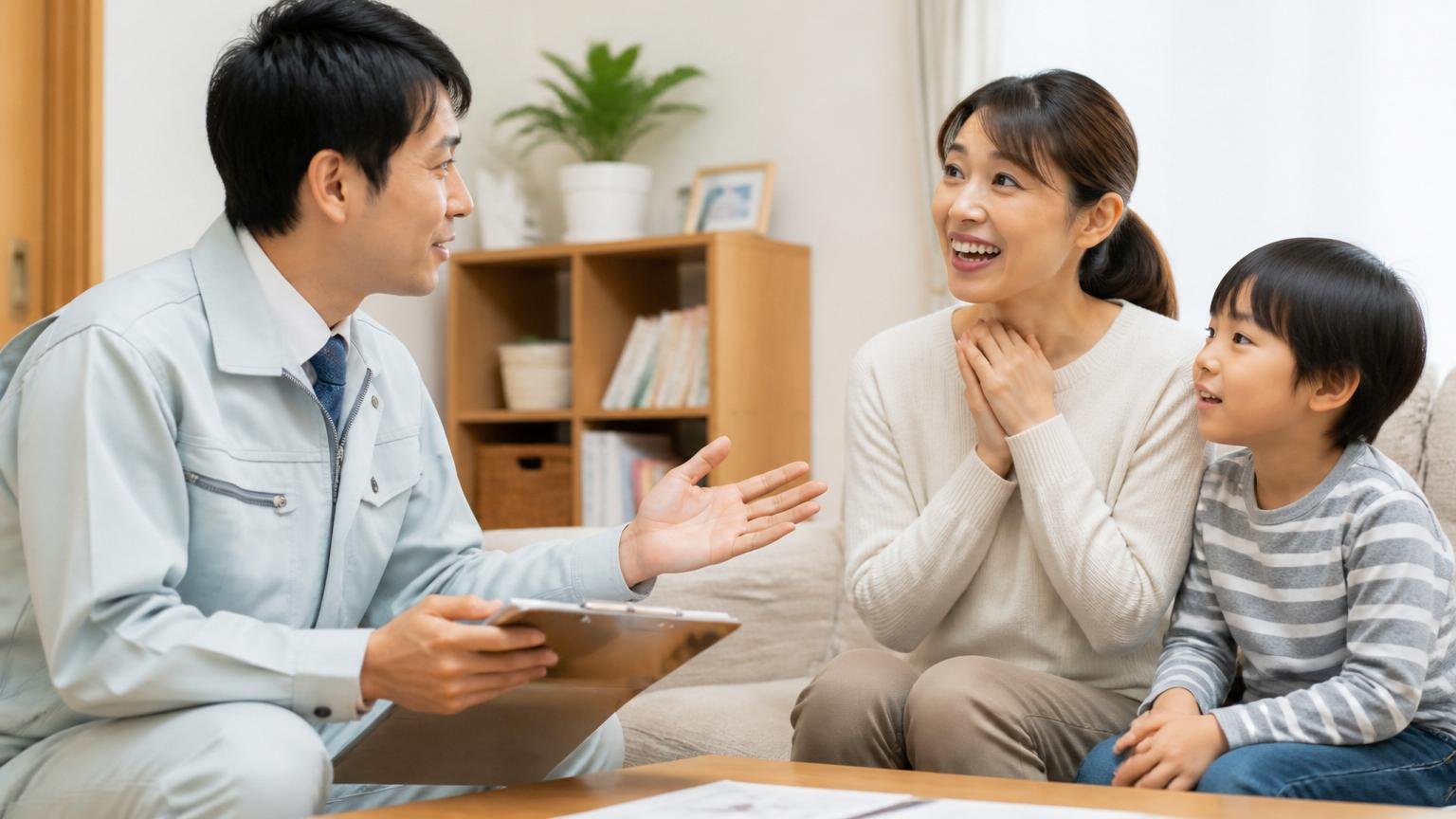 他社に断られた条件でも対応|リビングで母親と子どもが作業員に相談し安堵する