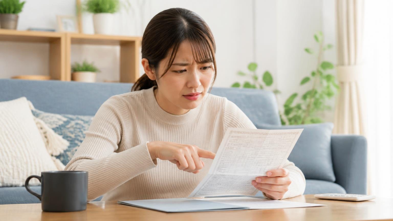 保証内容を確認する。リビングの机で保証書を指さす女性1人が眉をひそめる