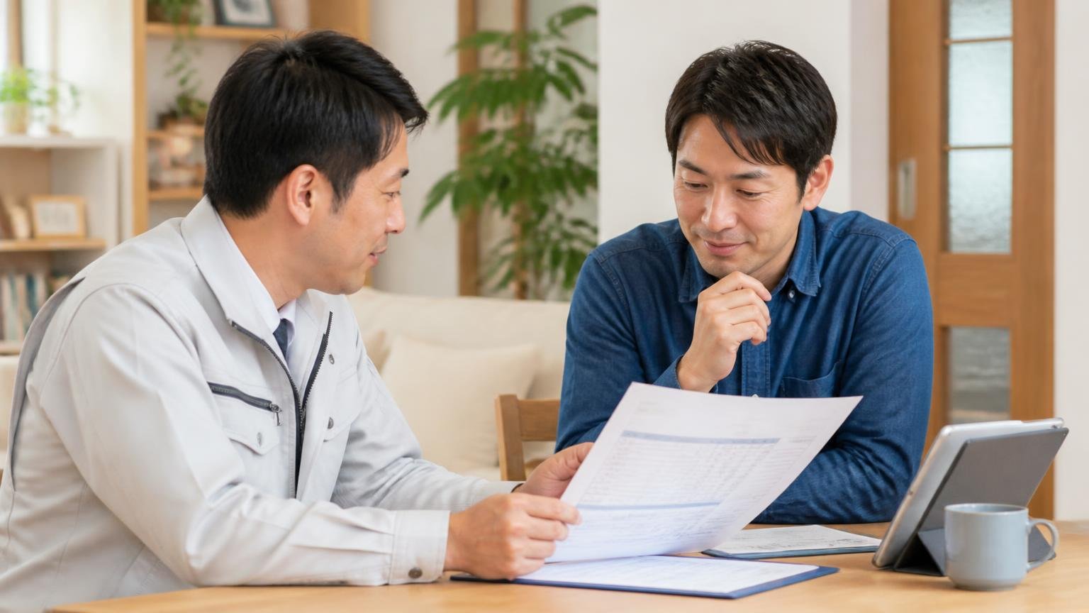 費用も見積り通りだったという声 リビングのテーブルで作業員と見積書を見比べる40代男性が納得の表情