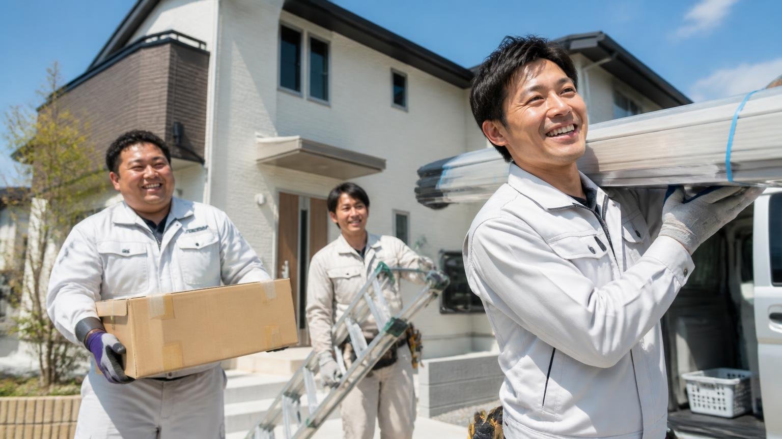 月500棟の点検・300棟の施工という施工規模 新築住宅の前で作業服姿の男性3人が資材を運び活気ある表情を見せる
